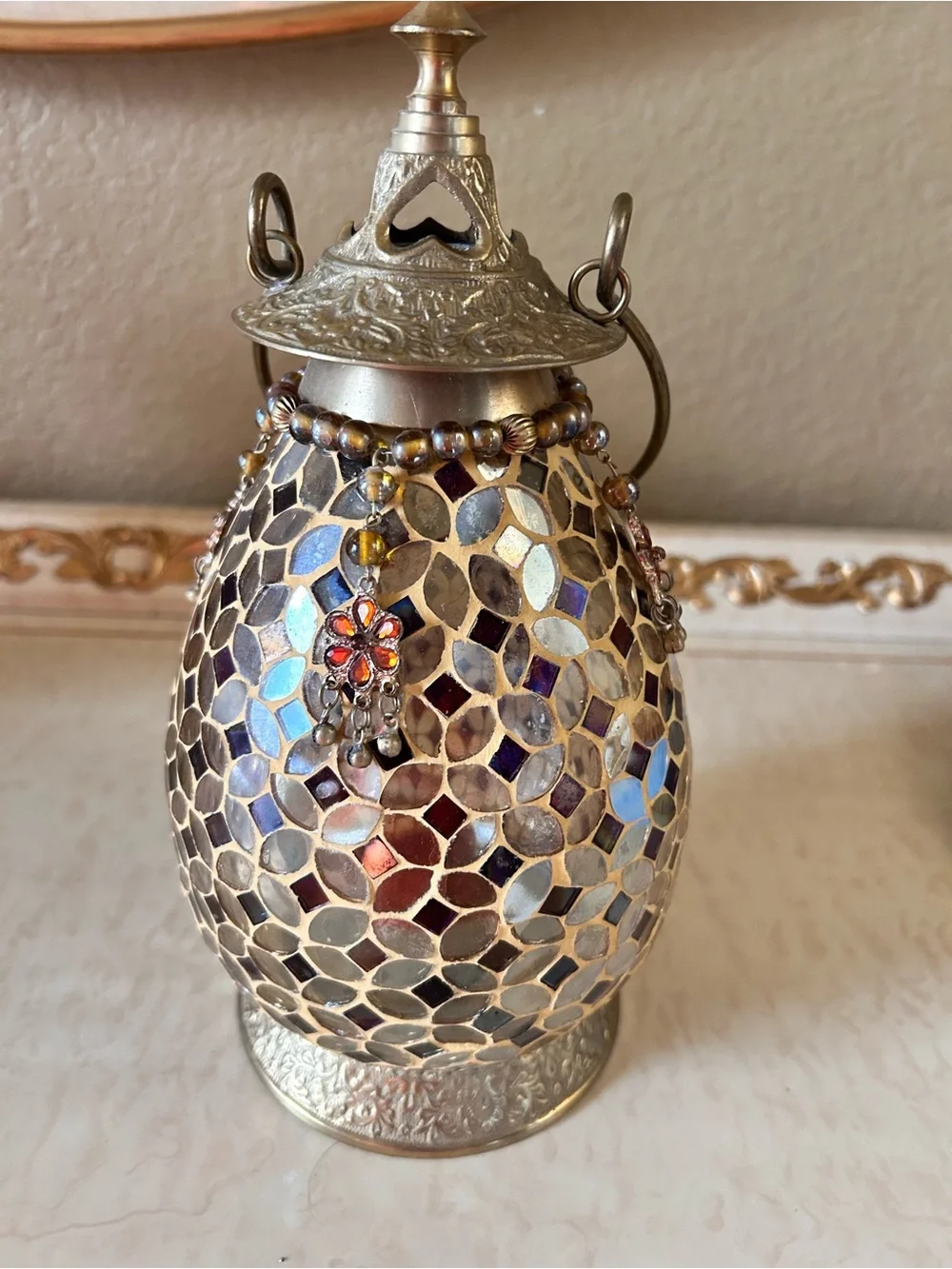 Iridescent Mosaic Glass Table Lantern - Gold Accent